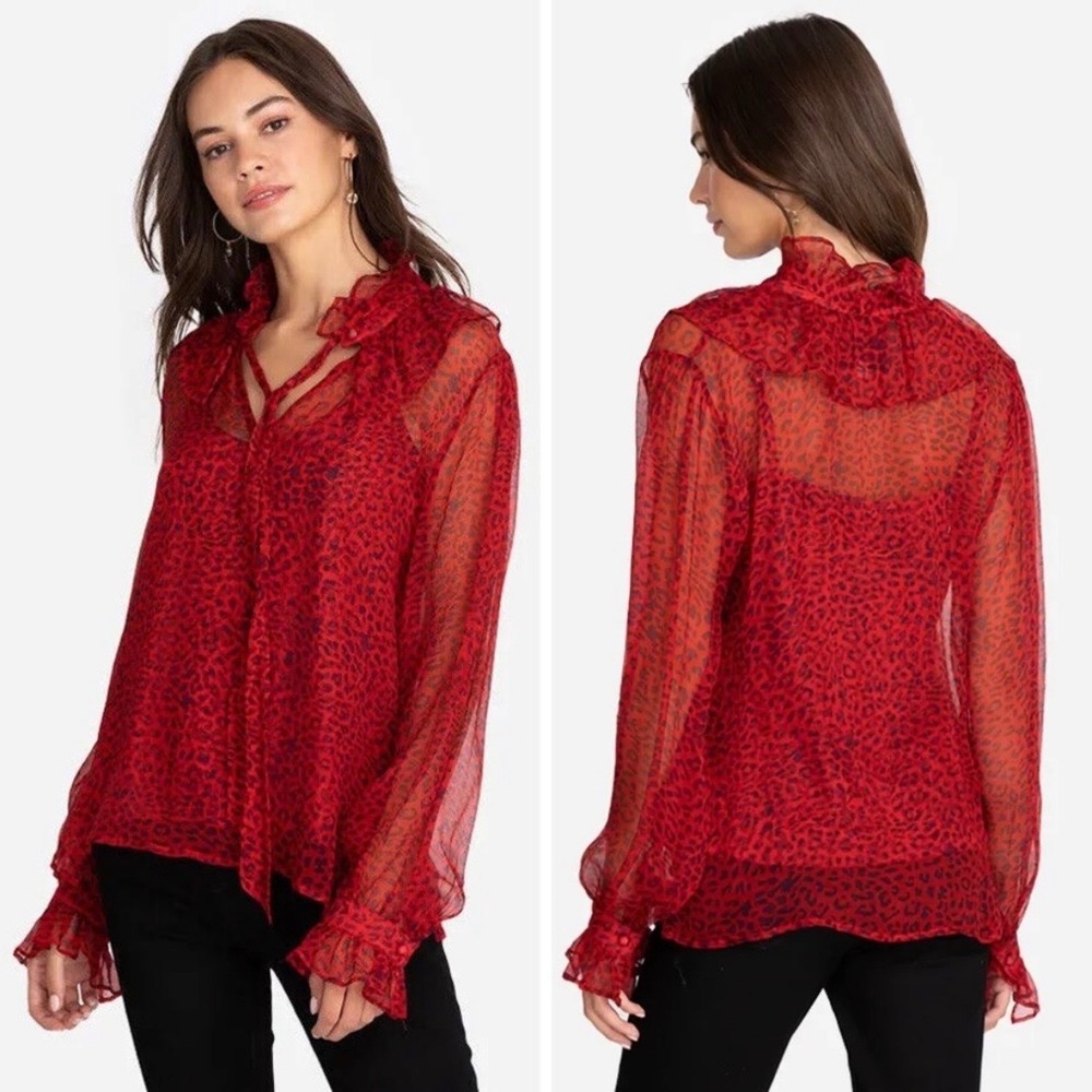 JOHNNY WAS 100% Silk Blouse Womens Medium Red Leopard Ruffle Elegant Luxury $220